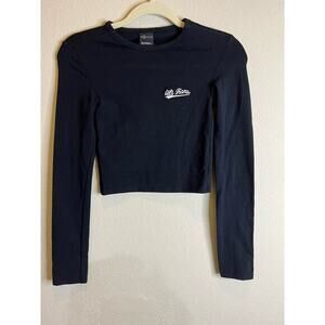 Iets Frans Long Sleeve Crop Top Embroidered Logo Black Fitted Tee‎ Size S